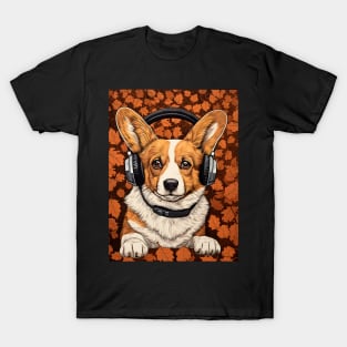 Corgi in Headphones Funny Corgi Dog Lover Autumn Gift T-Shirt